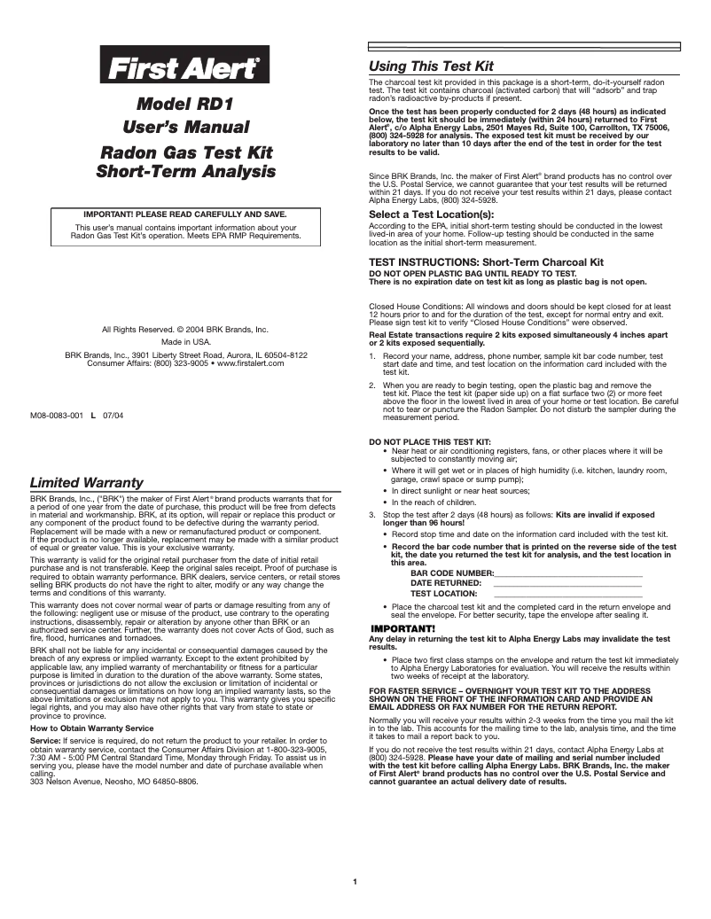 First page image of the manual for RD1