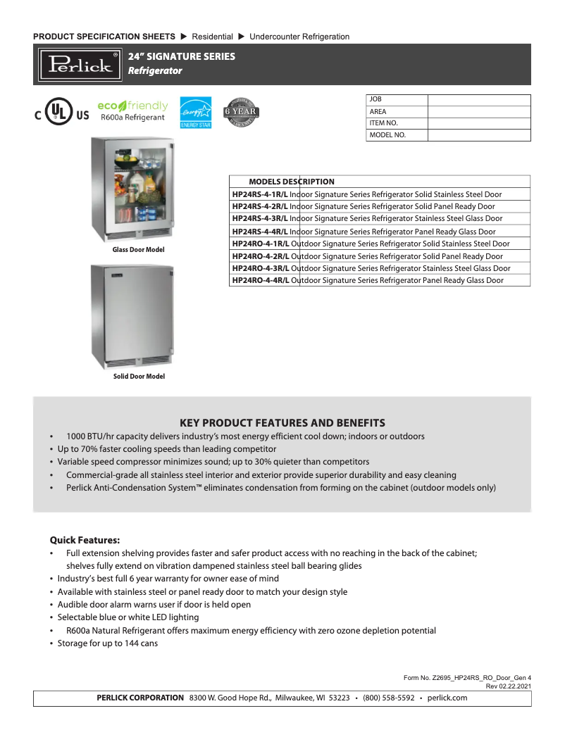 Page 1 of the manual Technical Sheet Perlick HP24RO-4-3L
