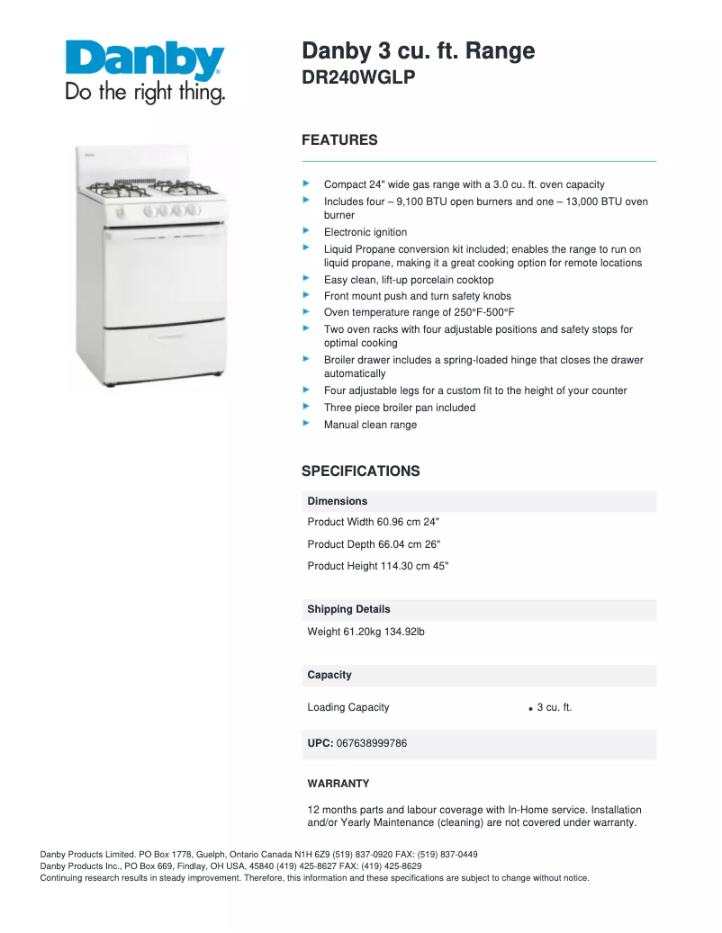 Page 1 of the manual Technical Sheet Danby DR240WGLP