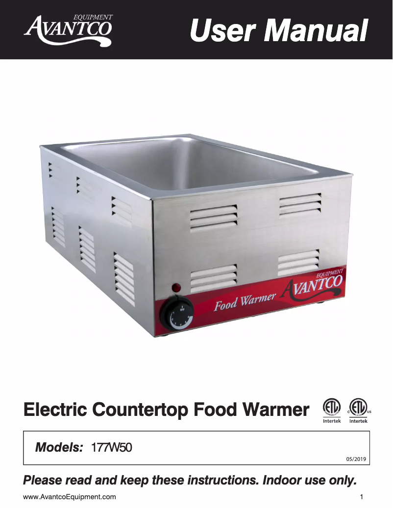 Page 1 of the manual User Manual Avantco 177W50