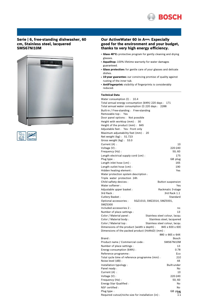 Page 1 of the manual Technical Sheet Bosch SMS67NI10M
