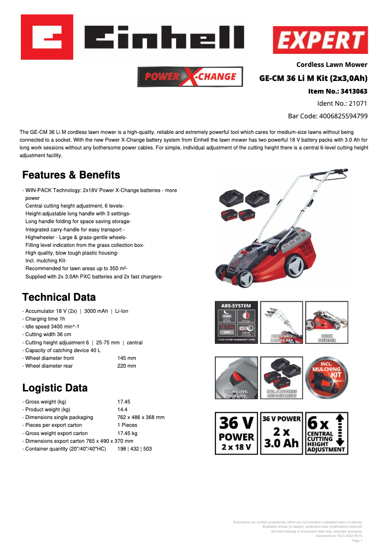 Page 1 of the manual Technical Sheet Einhell GE-CM 36 Li M