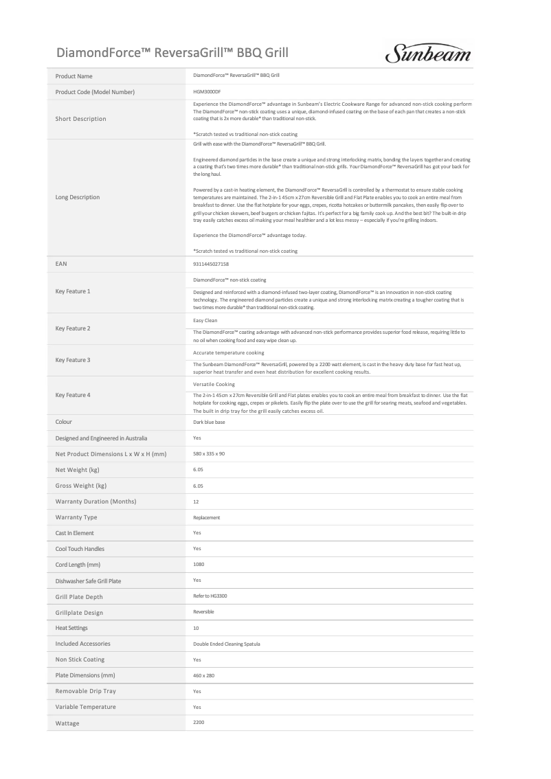 Page 1 of the manual Technical Sheet Sunbeam DiamondForce ReversaGrill HGM3000DF