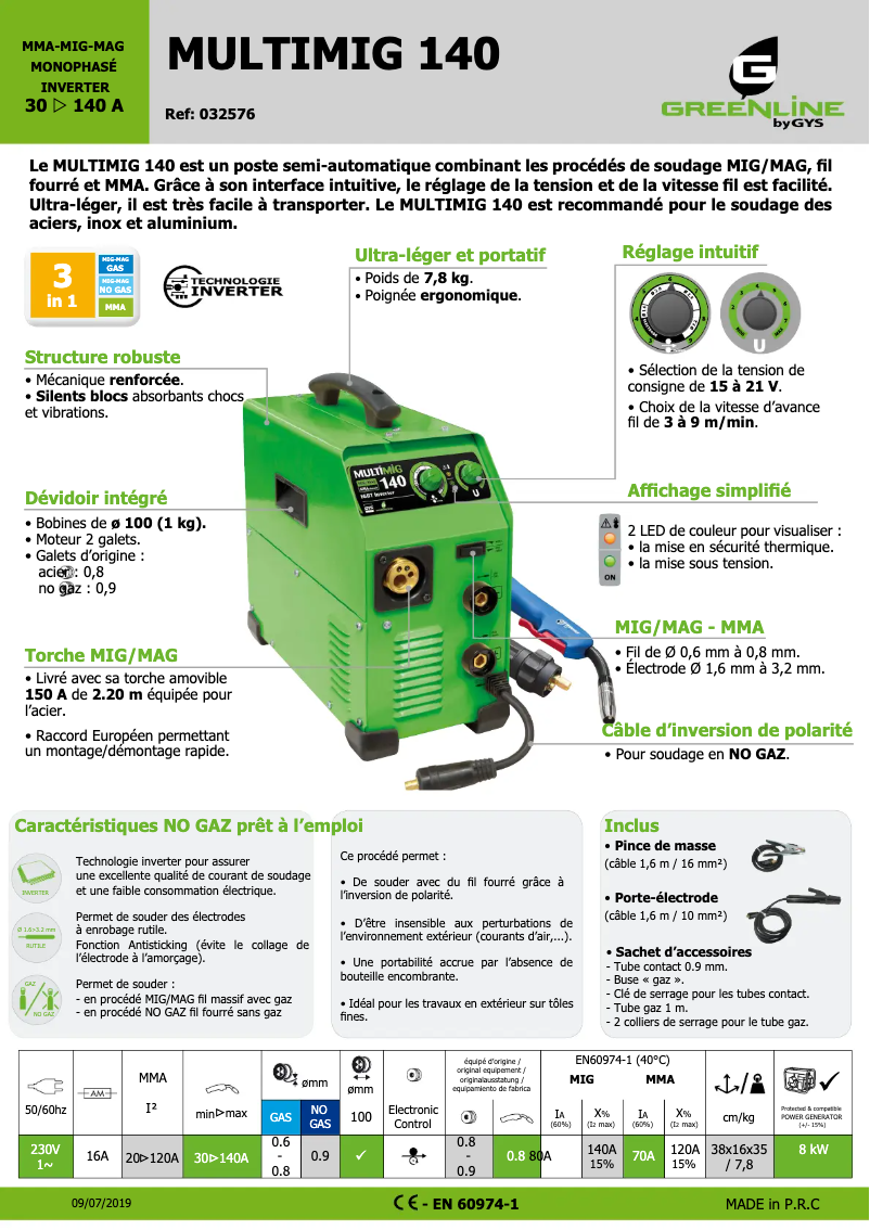 Page 1 of the manual Technical Sheet GYS Multimig 140