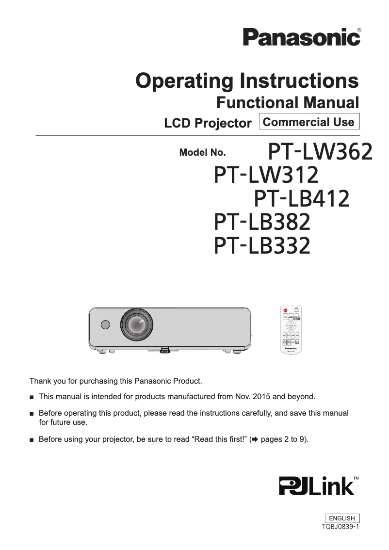 First page image of the manual for PT-LW312