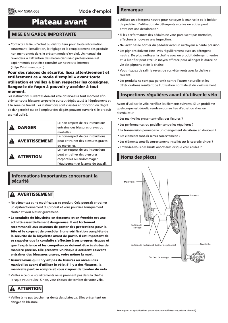 Page 1 of the manual User Manual Shimano FC-M825