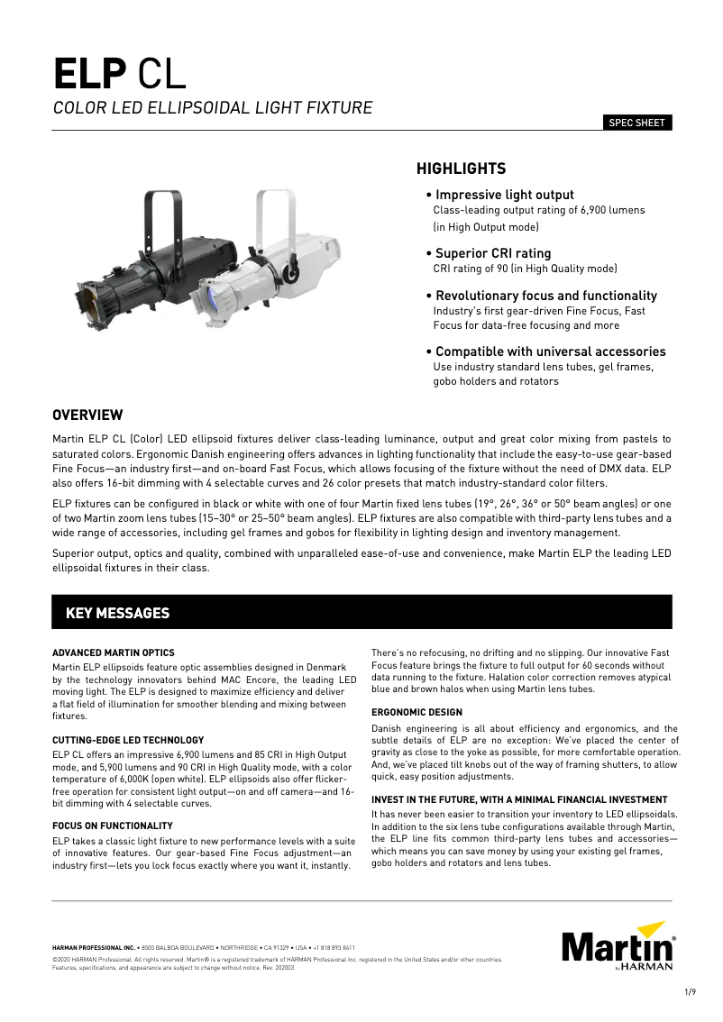 Page 1 of the manual Technical Sheet Martin ELP Zoom Lens