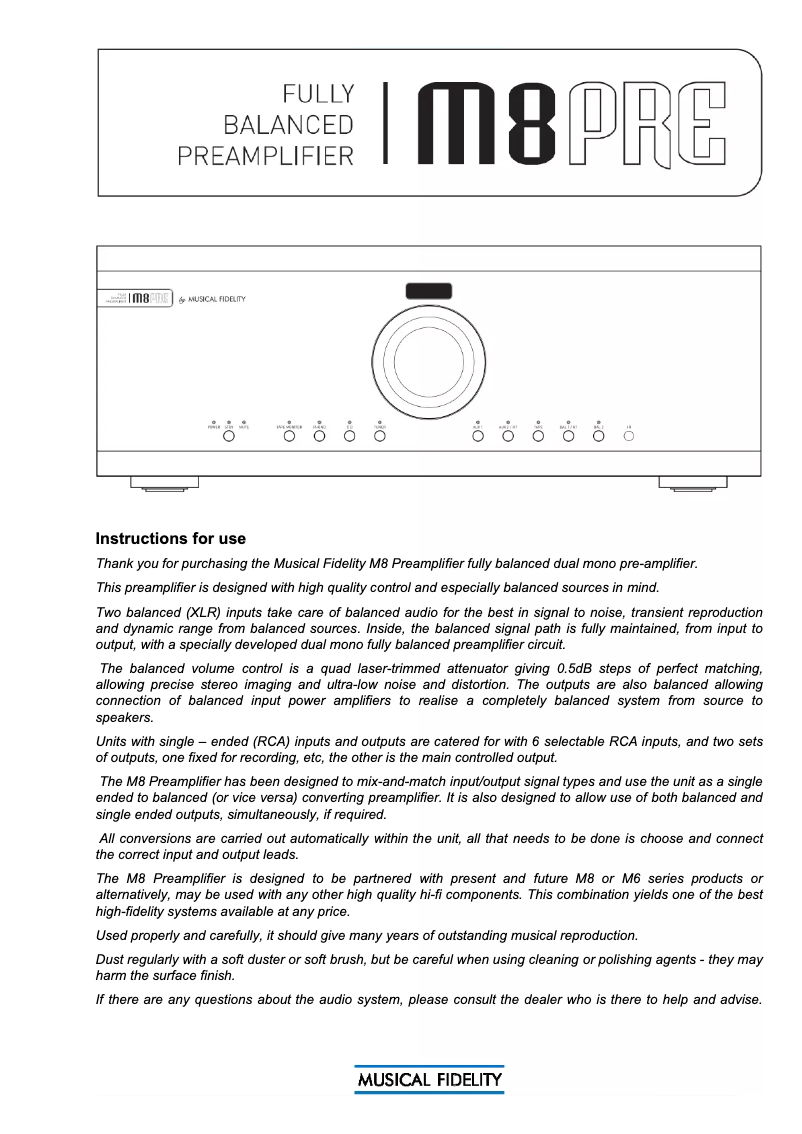 Page 1 of the manual User Manual Musical Fidelity M8 PRE