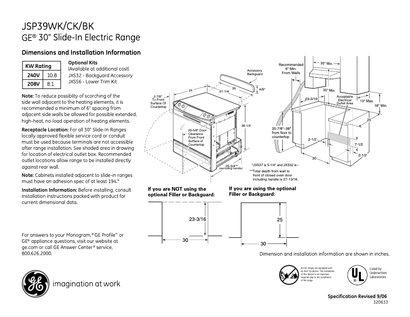 Page 1 of the manual Technical Sheet GE JSP39CKCC