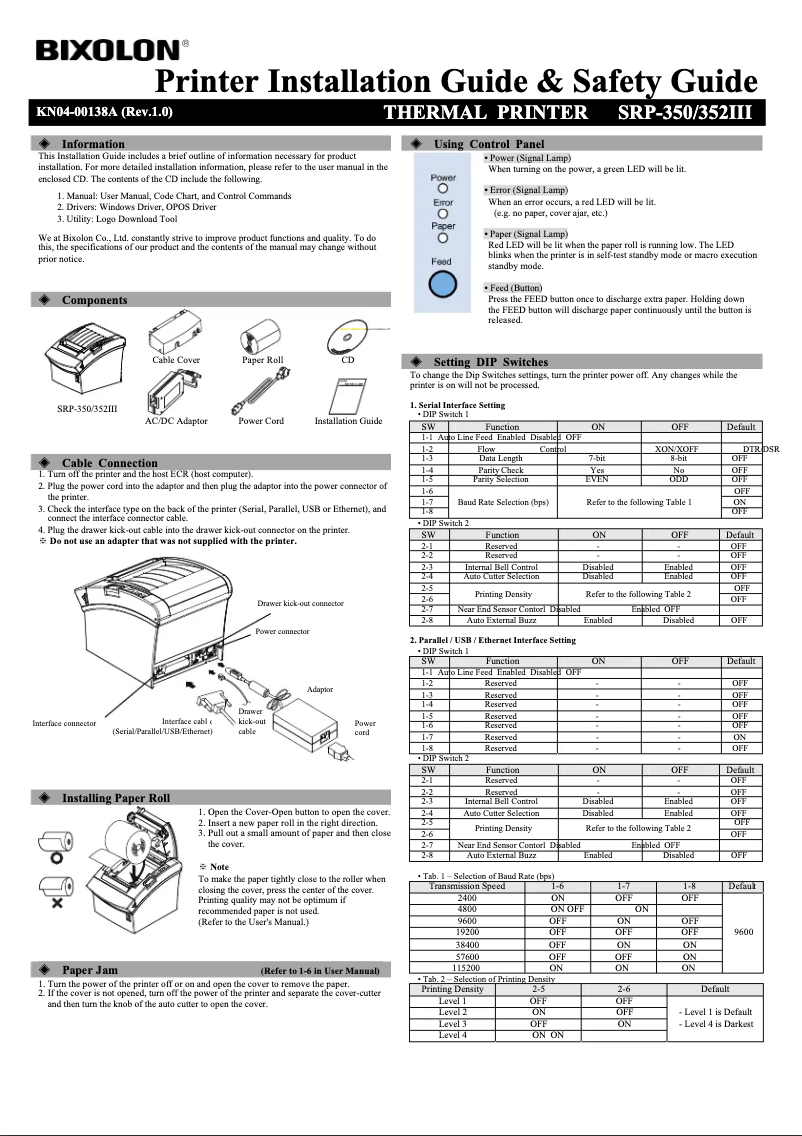 Page 1 of the manual Installation Guide Bixolon SRP-350III
