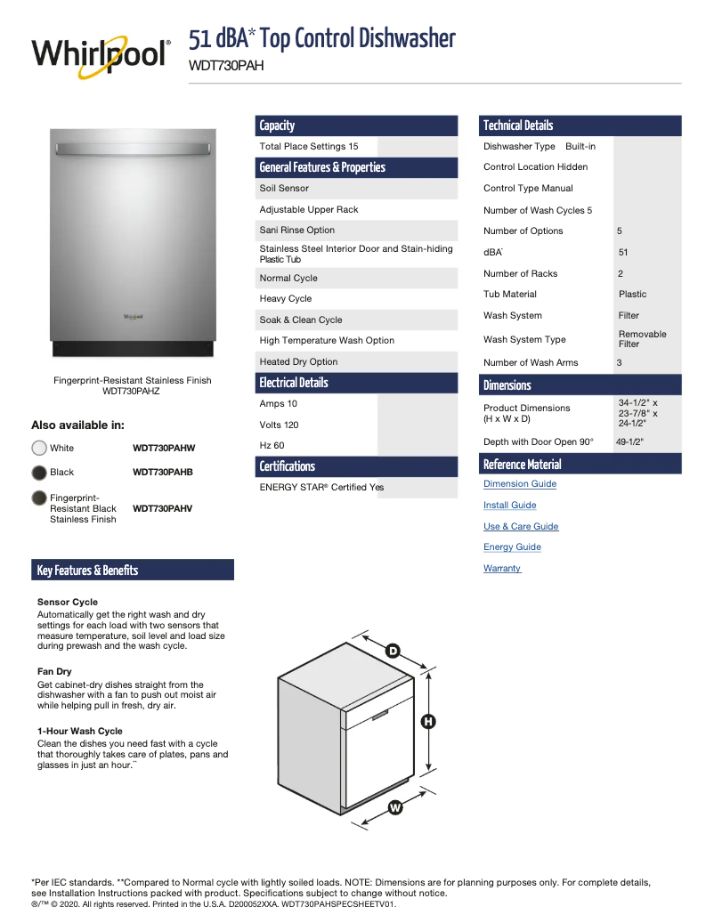 First page image of the manual for WDT730PAHZ