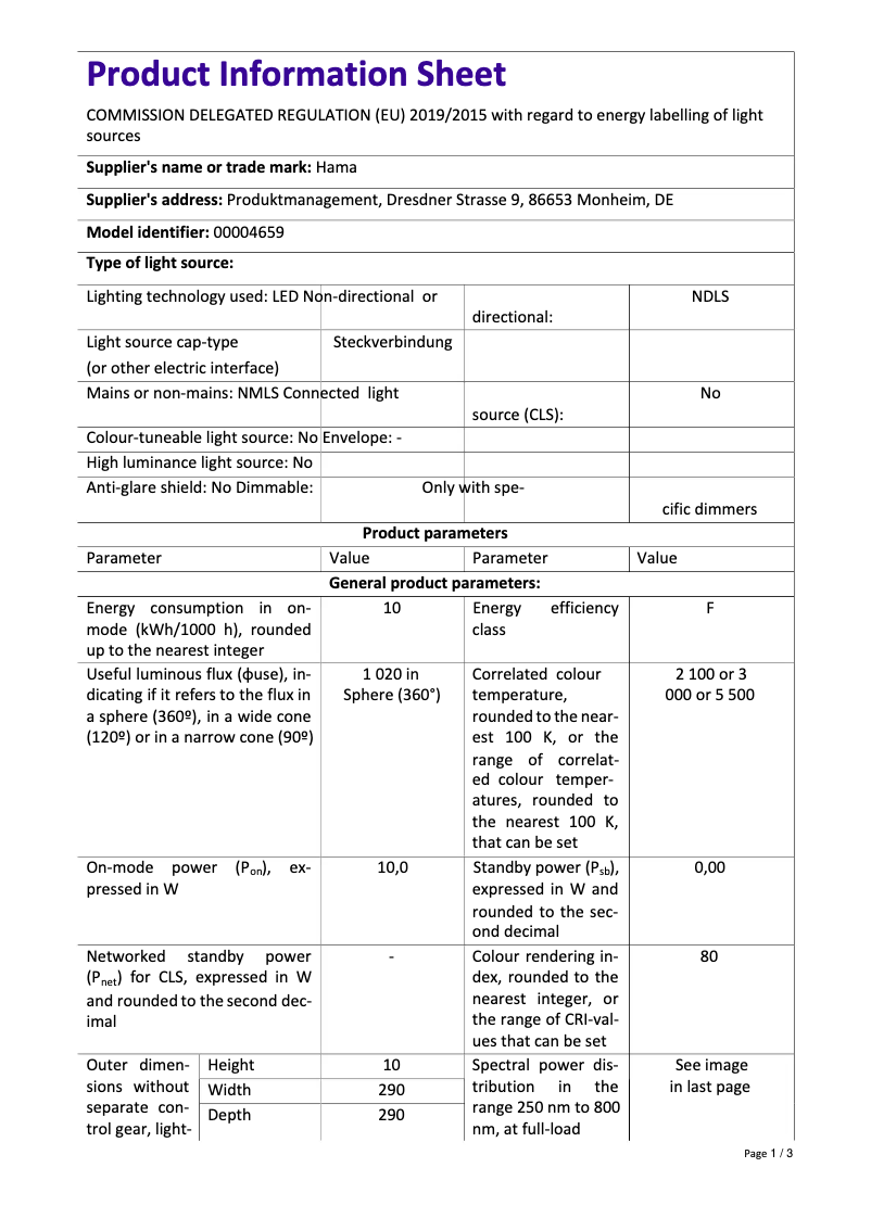 Page 1 of the manual Technical Sheet Hama SpotLight Steady 120 II