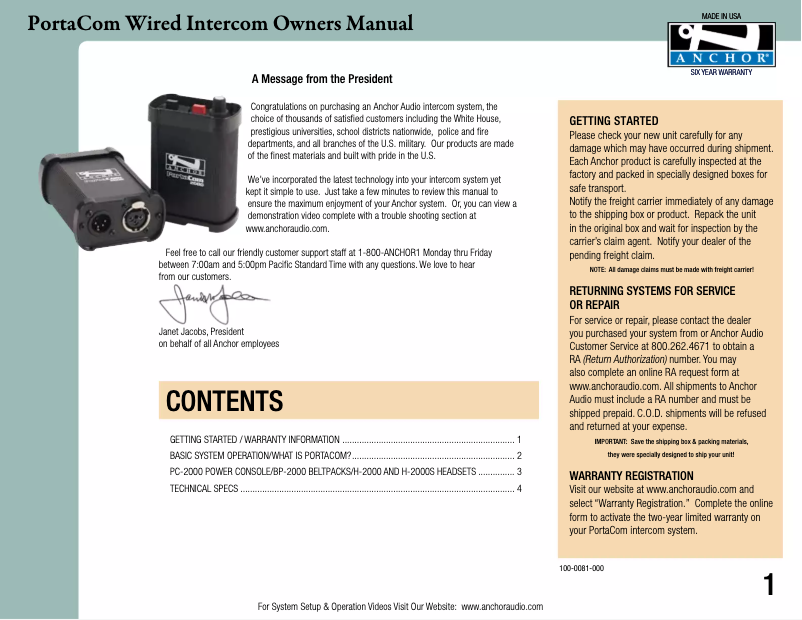 Page 1 of the manual User Manual Anchor Audio COM-60FC/C/6D