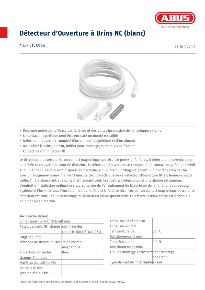 Page 1 of the manual Technical Sheet Abus FU7350W