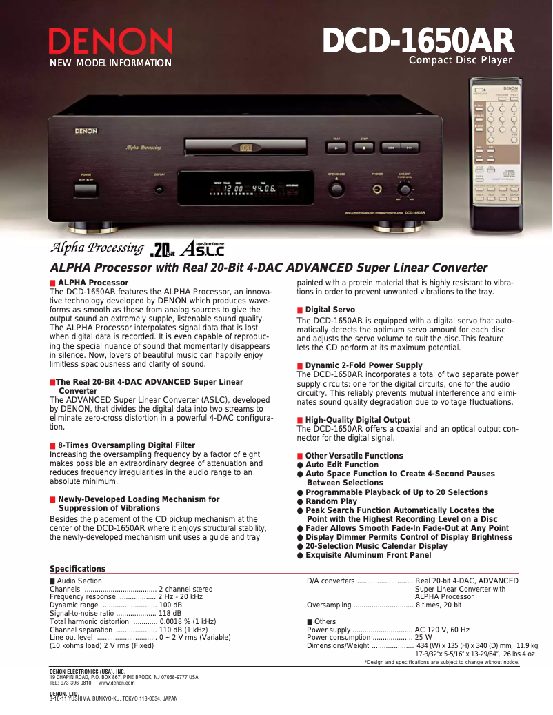 Page 1 of the manual User Manual Denon DCD-1650AR