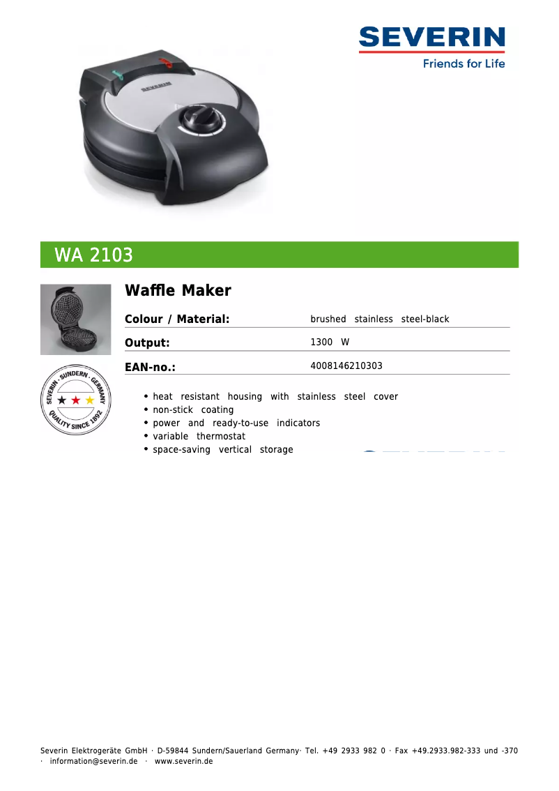 Page 1 of the manual Technical Sheet Severin WA 2103
