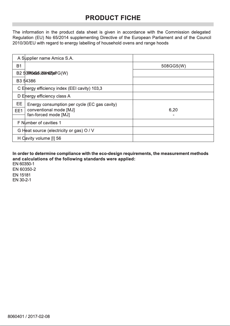 Page 1 of the manual Technical Sheet Amica 508GG5W
