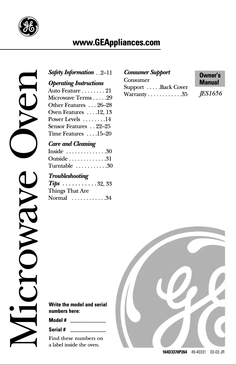 First page image of the manual for JES1656BH