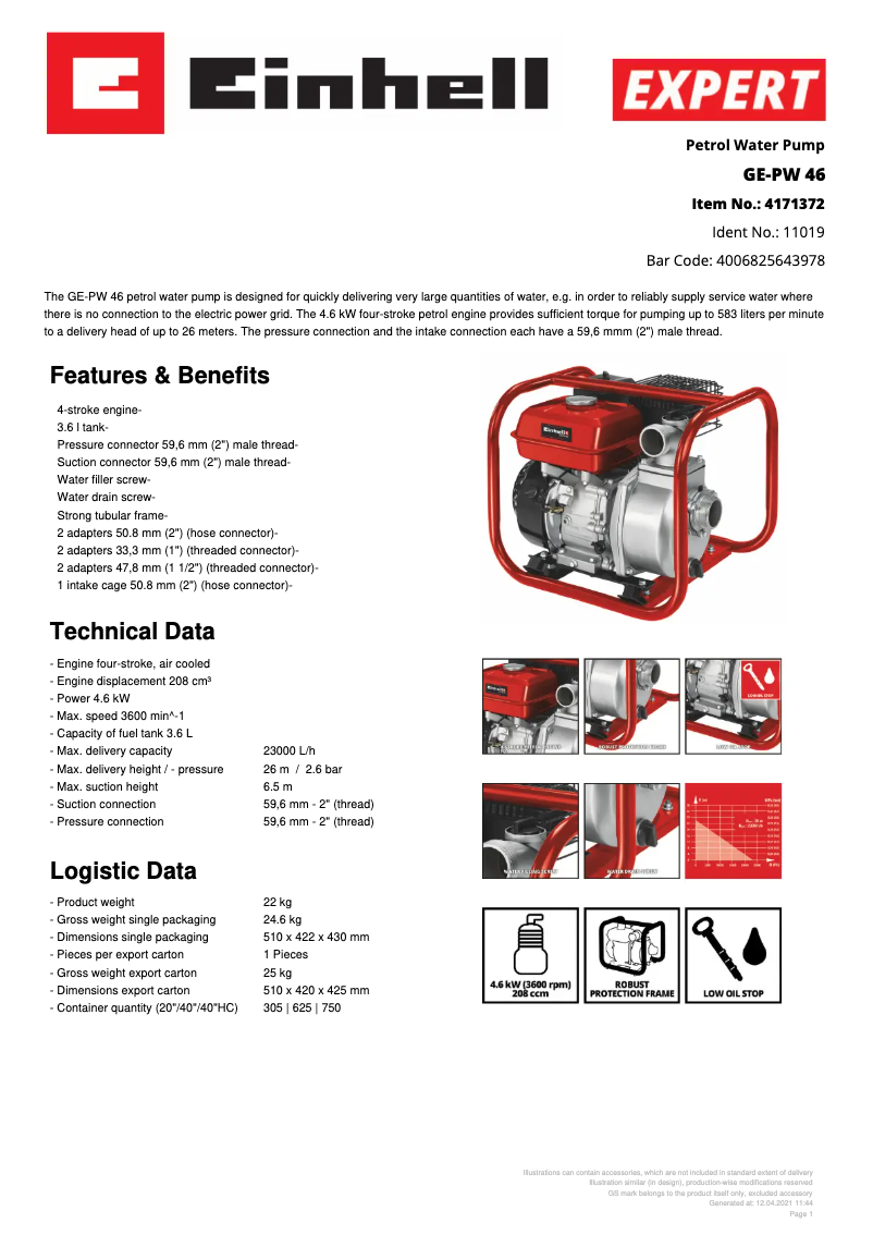 Page 1 of the manual Technical Sheet Einhell GE-PW 46