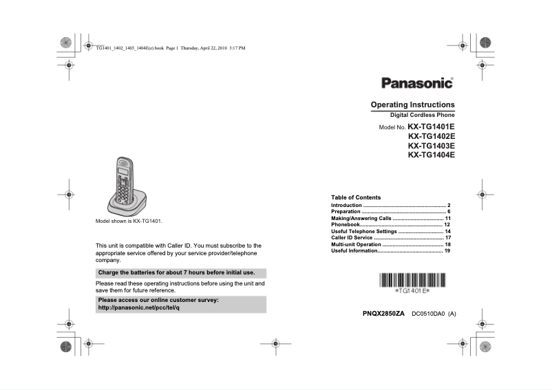Page 1 of the manual User Manual Panasonic KX-TG1402E