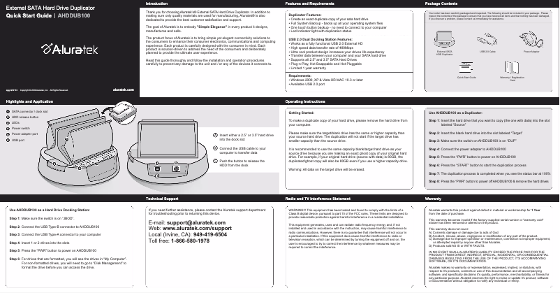 First page image of the manual for AHDDUB100