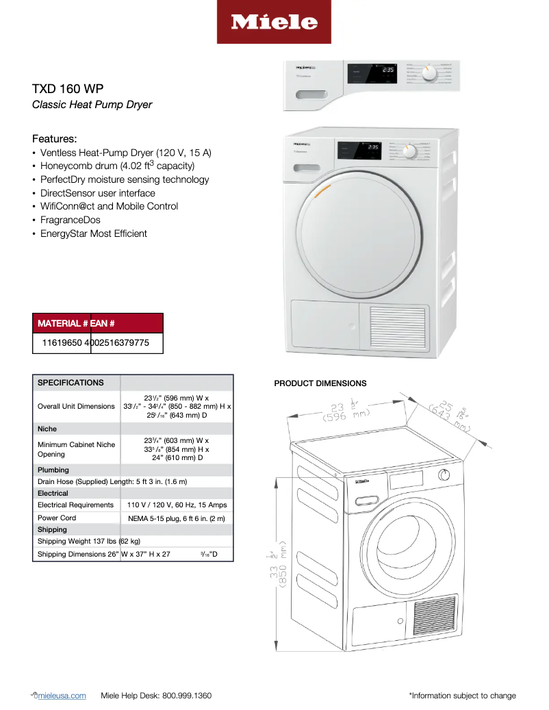 Page 1 of the manual Technical Sheet Miele TXD 160 WP T1