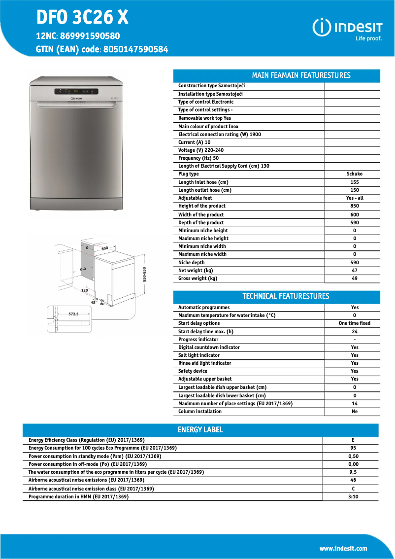 Page 1 of the manual Technical Sheet Indesit DFO 3C26 X