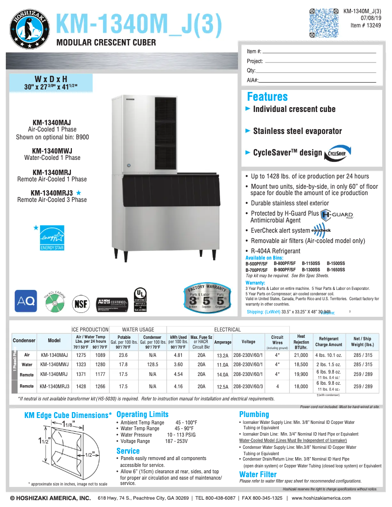 Page 1 of the manual Technical Sheet Hoshizaki KM-1340MAH