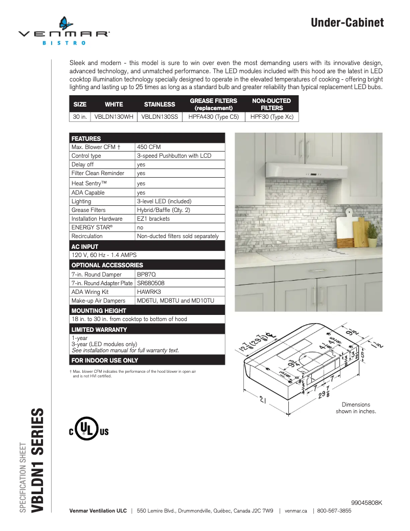 Page 1 of the manual Technical Sheet Venmar Bistro VBLDN130SS