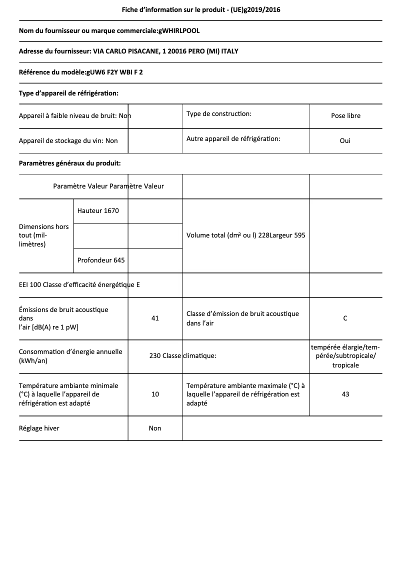Page 1 de la notice Fiche technique Whirlpool UW6 F2Y WBI F