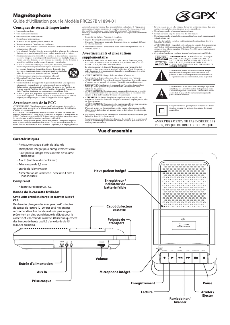 Page 1 of the manual User Manual GPX PRC257B