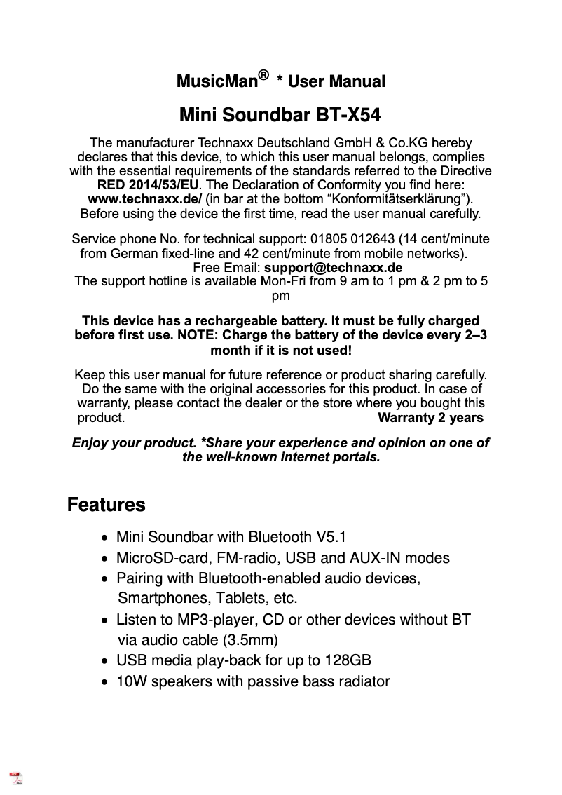 First page image of the manual for MusicMan BT-X54