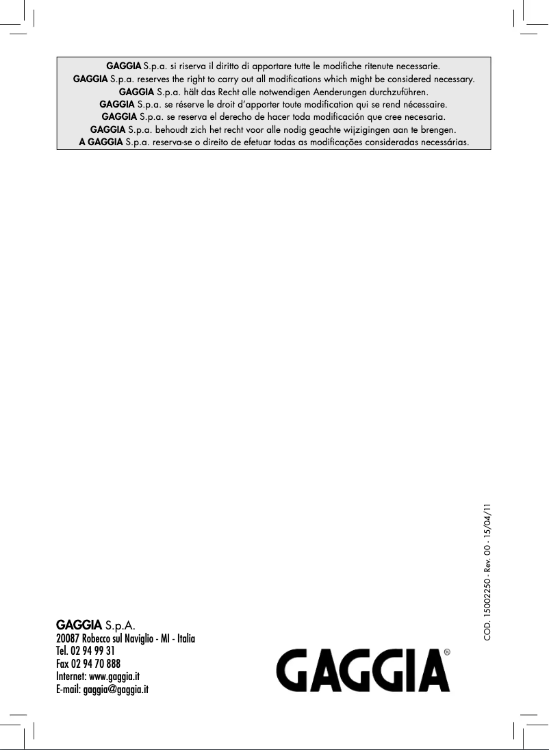 First page image of the manual for Saeco Gaggia RI9303