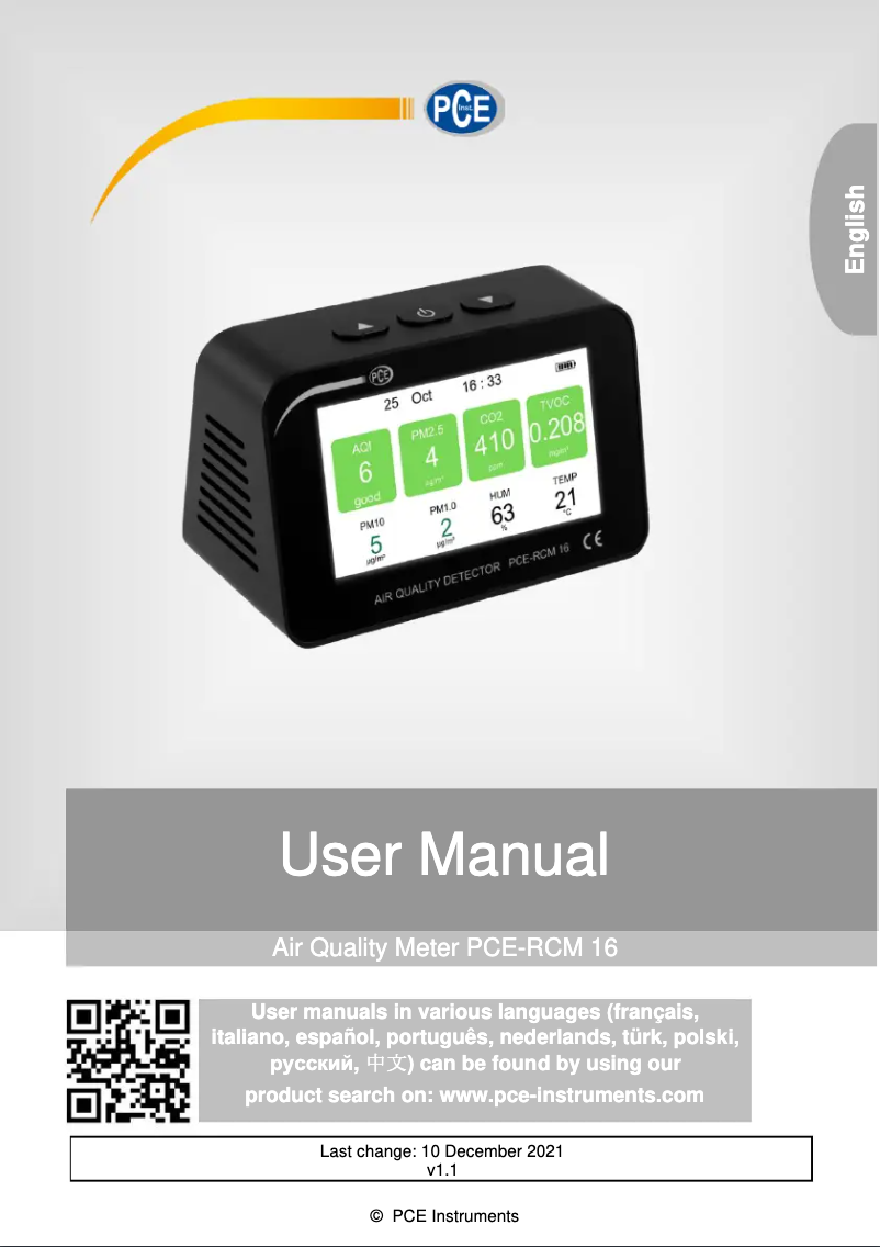 Page 1 of the manual User Manual PCE Instruments PCE-RCM 16