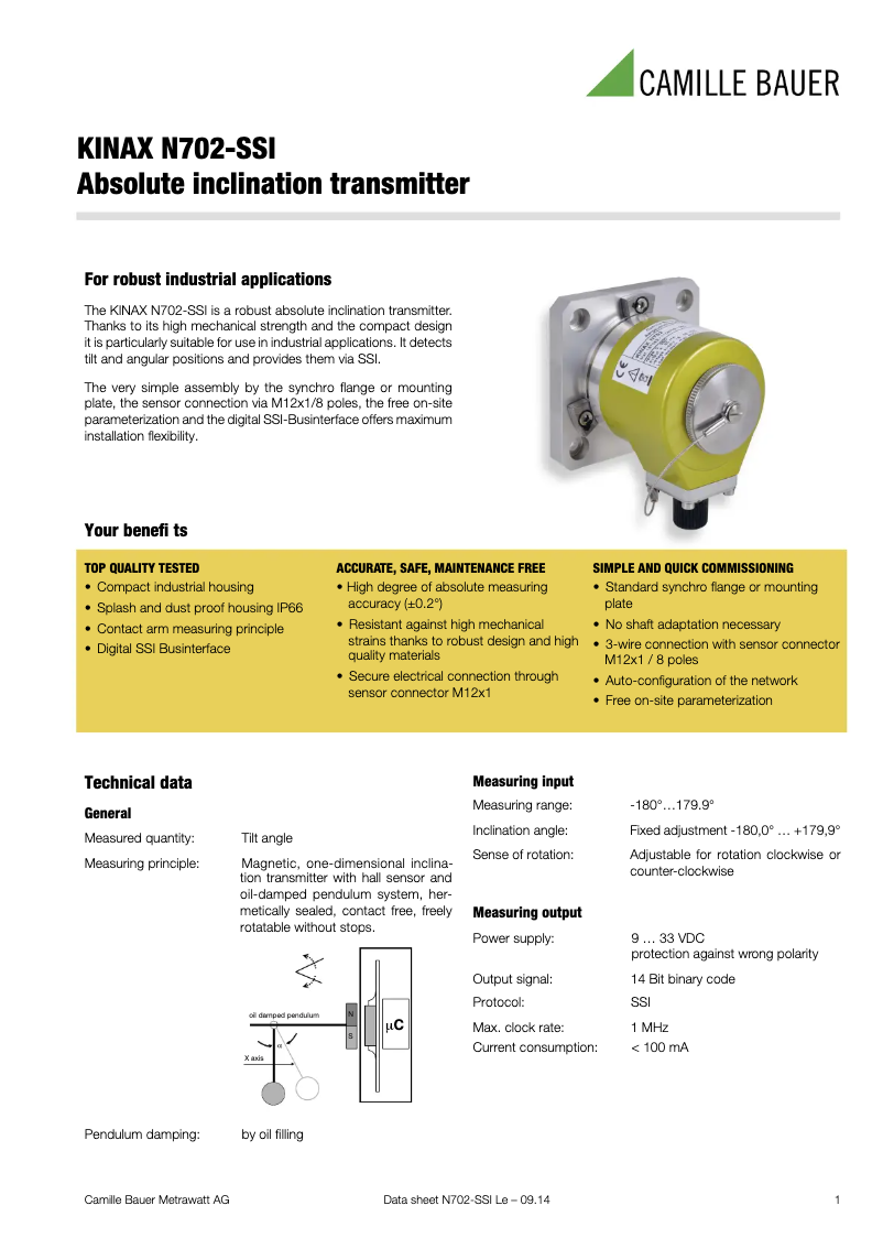 Page 1 of the manual Technical Sheet Camille Bauer KINAX N702-SSI
