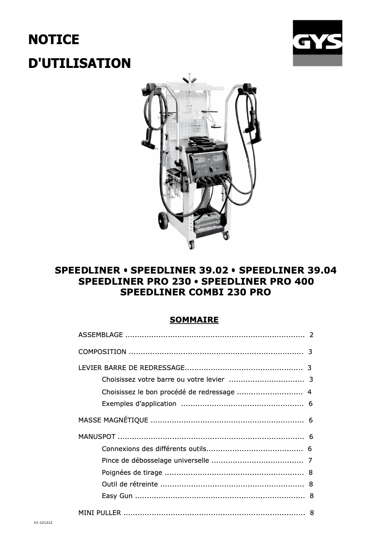 Page 1 of the manual User Manual GYS Speedliner