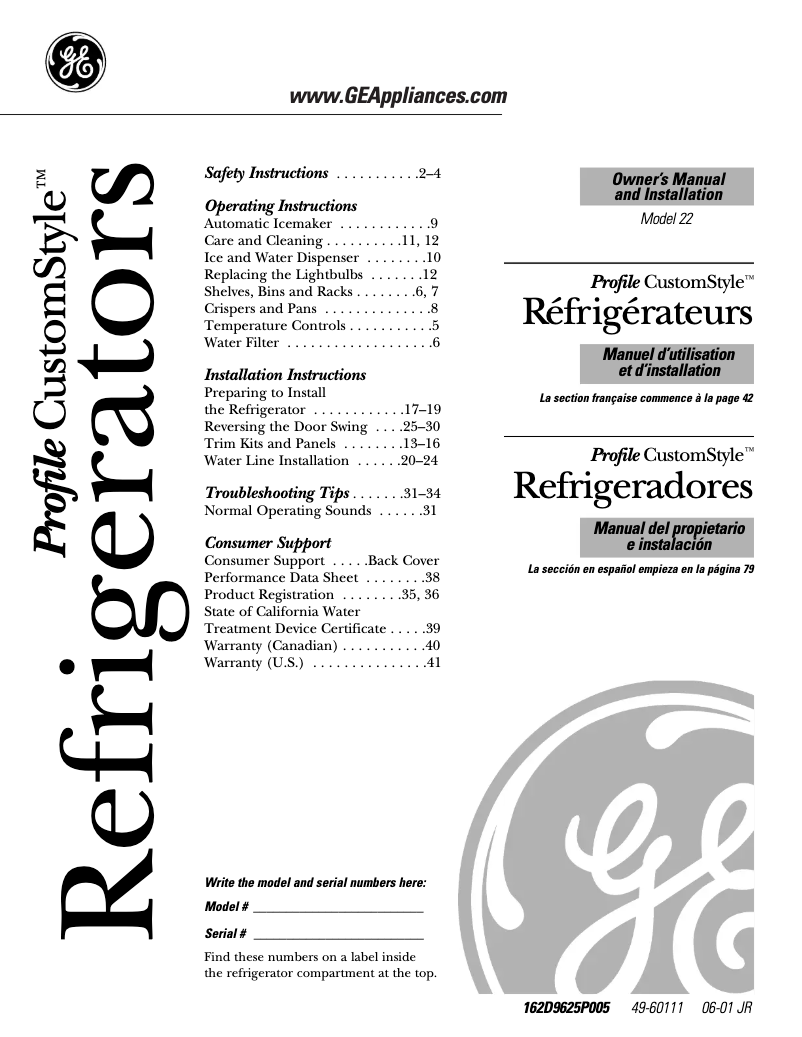Page 1 of the manual Installation Guide GE Profile CustomStyle PTC22MFMRWW