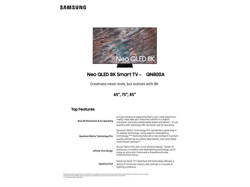 Page 1 of the manual Technical Sheet Samsung QA65QN800AWXXY