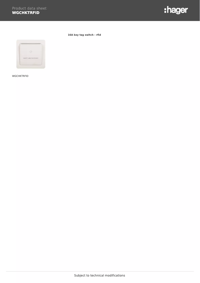 Page 1 of the manual Technical Sheet Hager WGCHKTRFID
