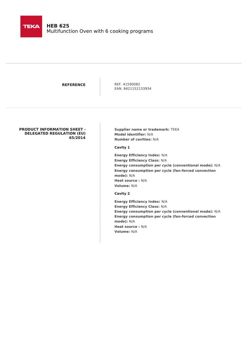 Page 1 of the manual Technical Sheet Teka HEB 625