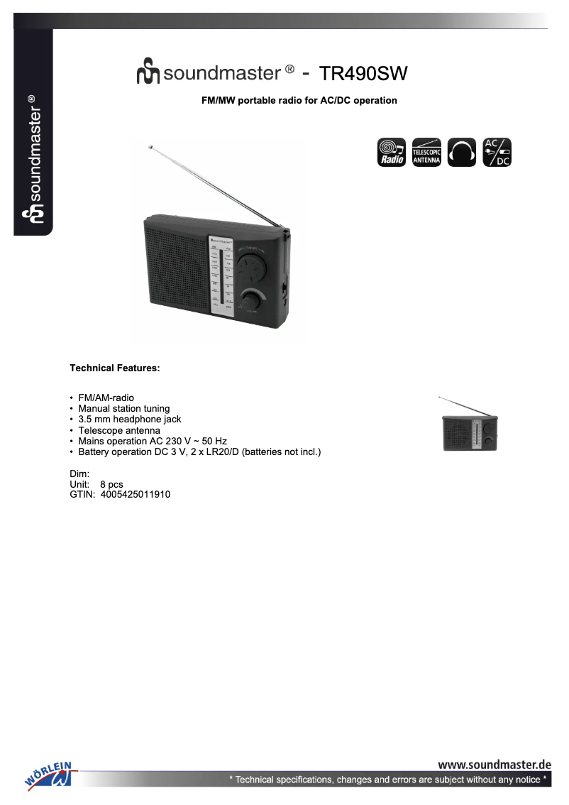 Page 1 of the manual Technical Sheet Soundmaster TR490