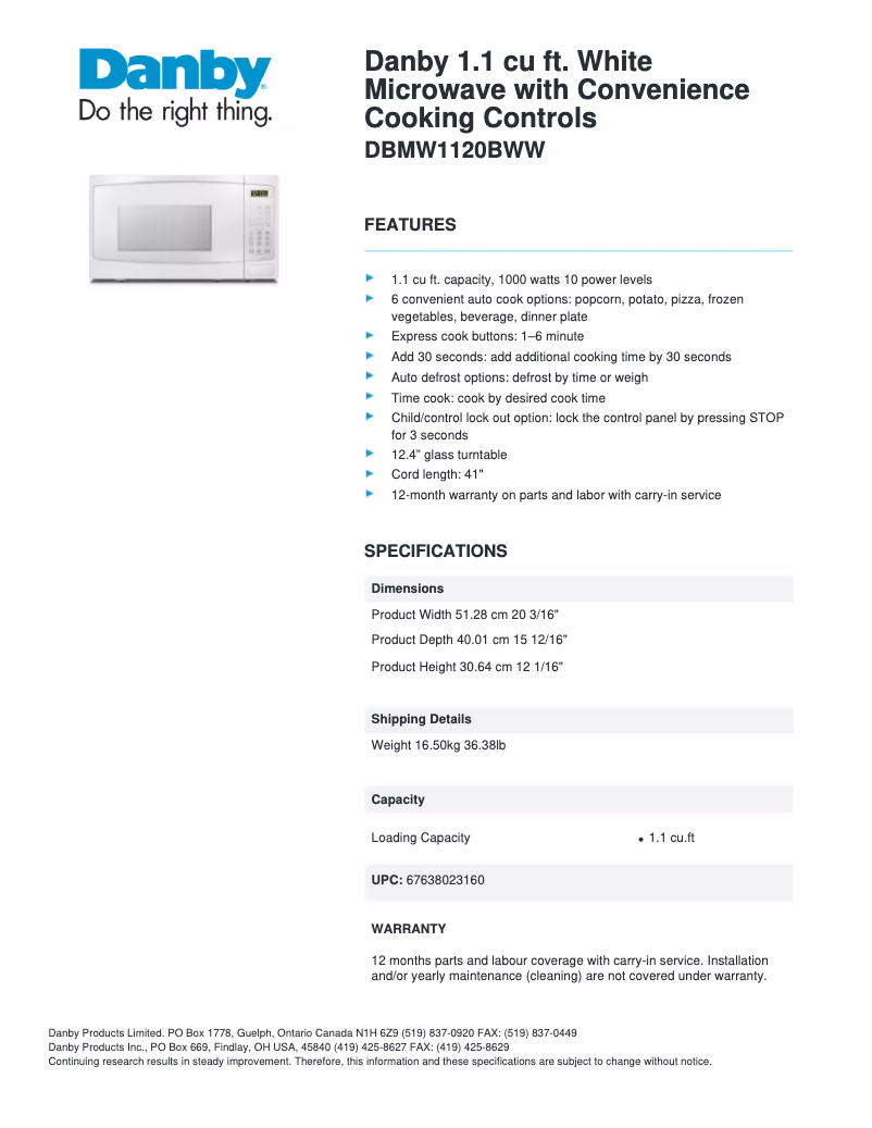 Page 1 of the manual Technical Sheet Danby DBMW1120BWW
