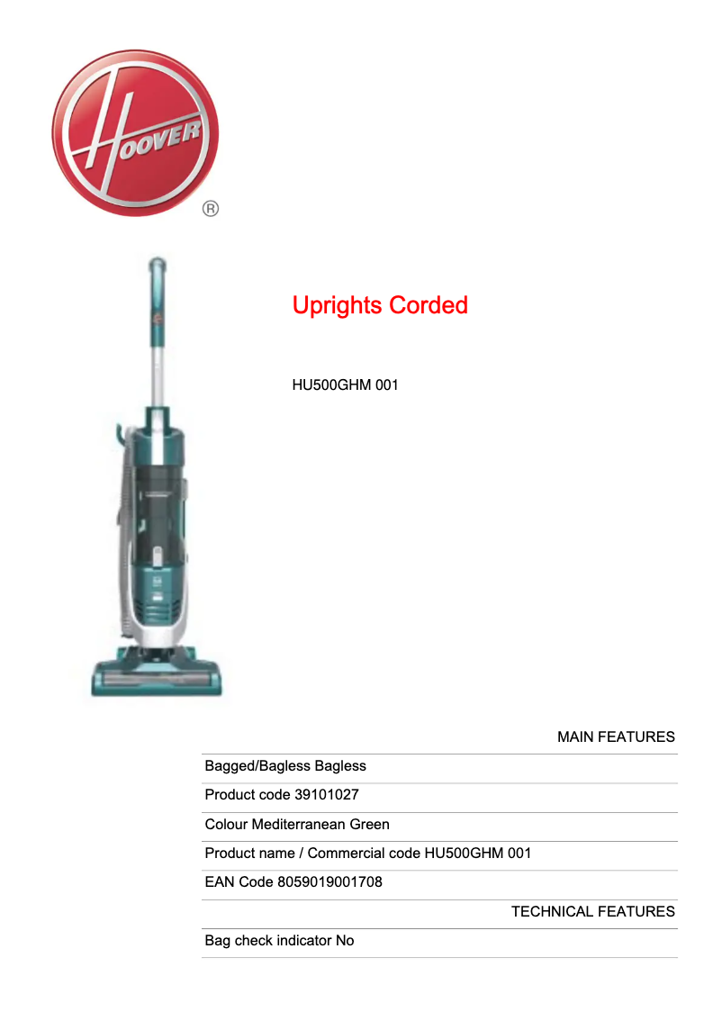 First page image of the manual for H-UPRIGHT 500 HU500GHM 001