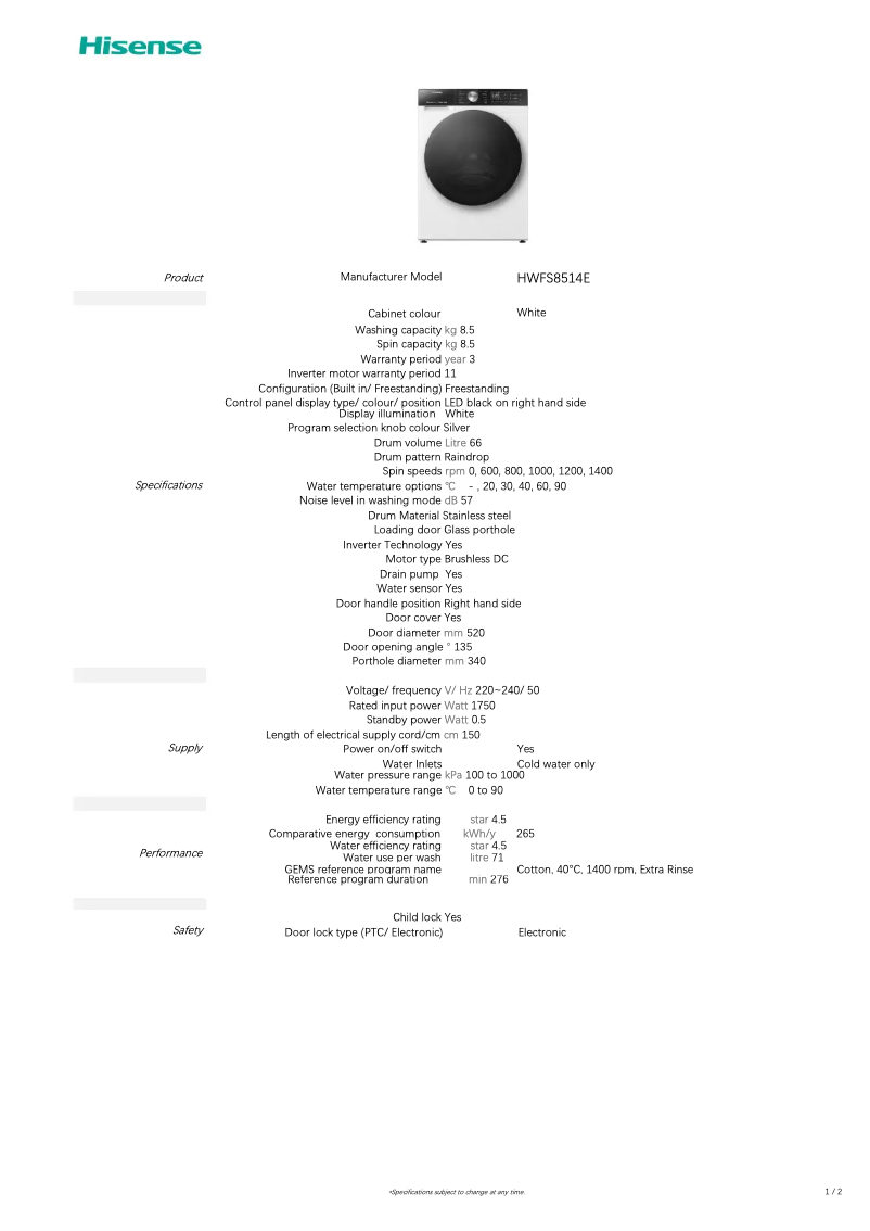 Page 1 of the manual Technical Sheet Hisense HWFS8514E
