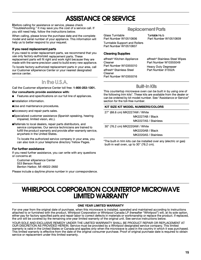 Page 1 of the manual Warranty Information KitchenAid UMC5225DB