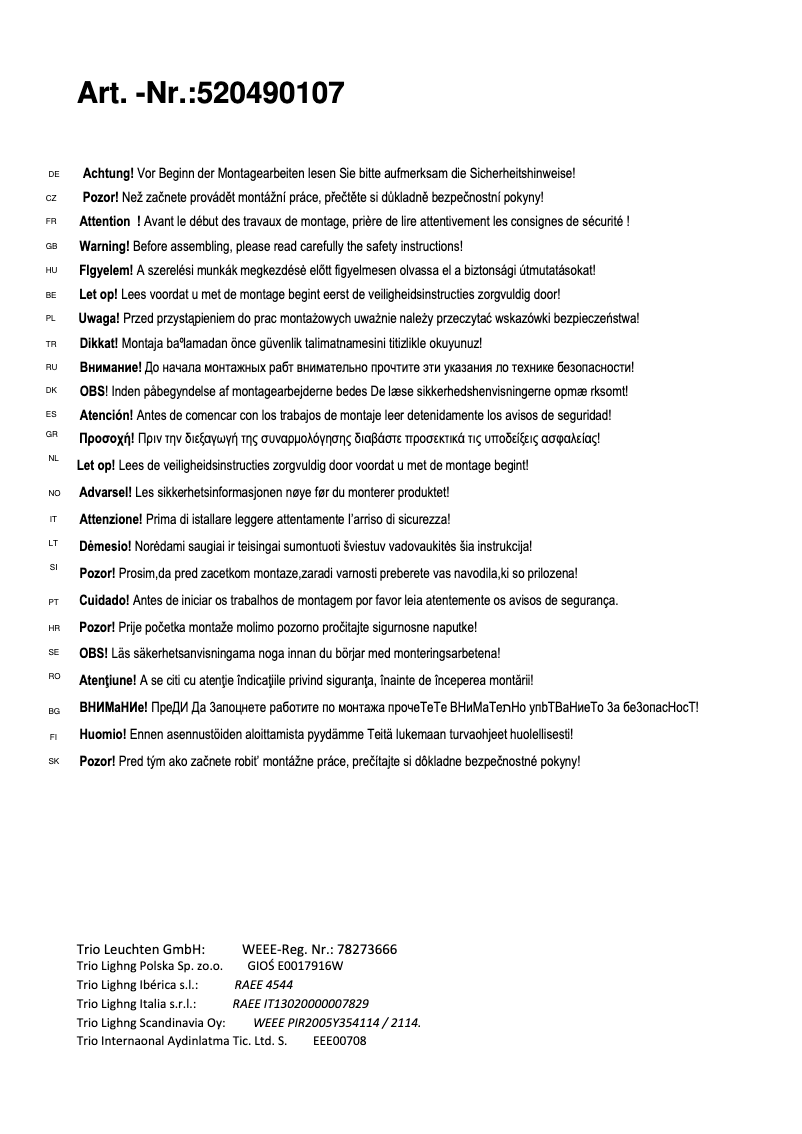 Page 1 of the manual User Manual Trio Lighting Filigran 520490107