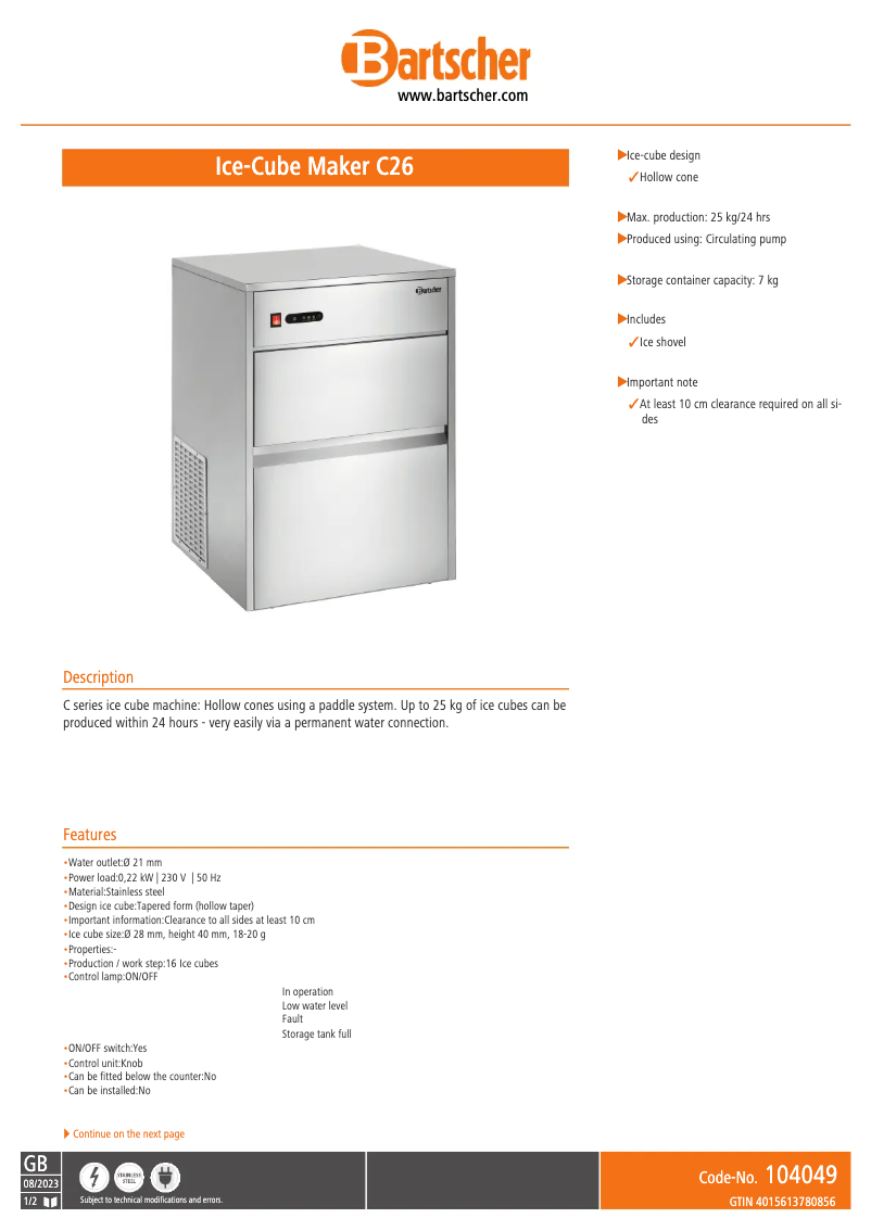 Page 1 of the manual Technical Sheet Bartscher C26