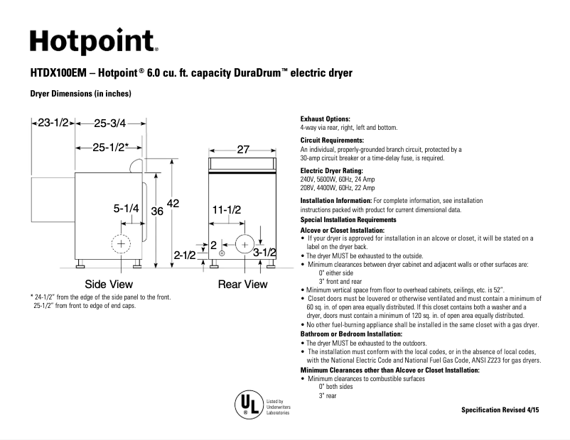 Page 1 of the manual Technical Sheet Hotpoint HTDX100EMWW