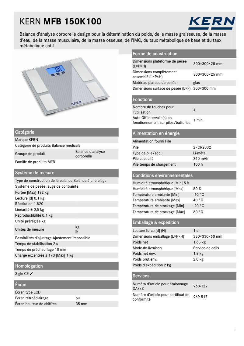 Page 1 of the manual Technical Sheet Kern MGE 100K-1