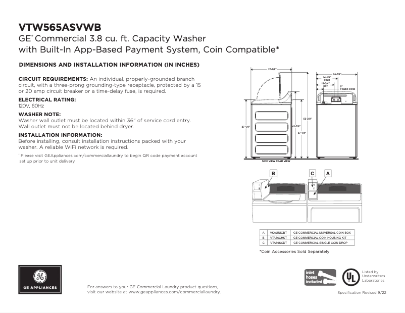 Page 1 of the manual Technical Sheet GE VTW565ASVWB